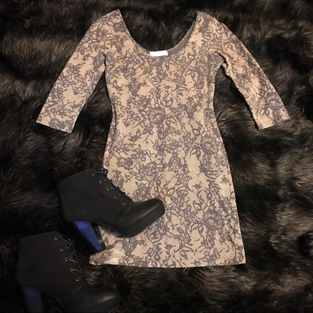 Beige and taupe lace print bodycon mini dress